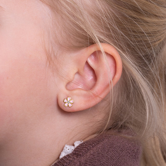 Kinder oorbellen roze bloem met diamant – met platte achterkant