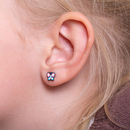 Kinder oorbellen gekleurde vlinder – met platte achterkant