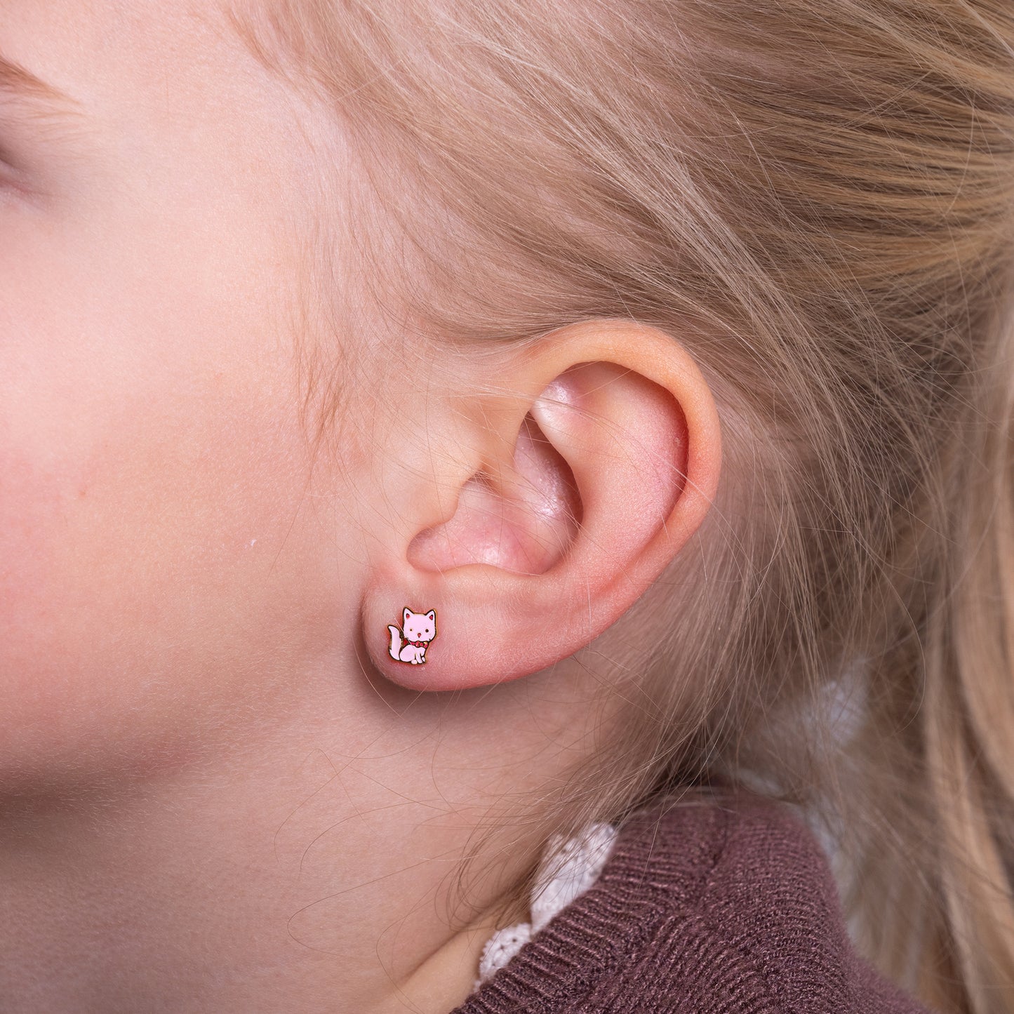 Kinder oorbellen roze poes – met platte achterkant