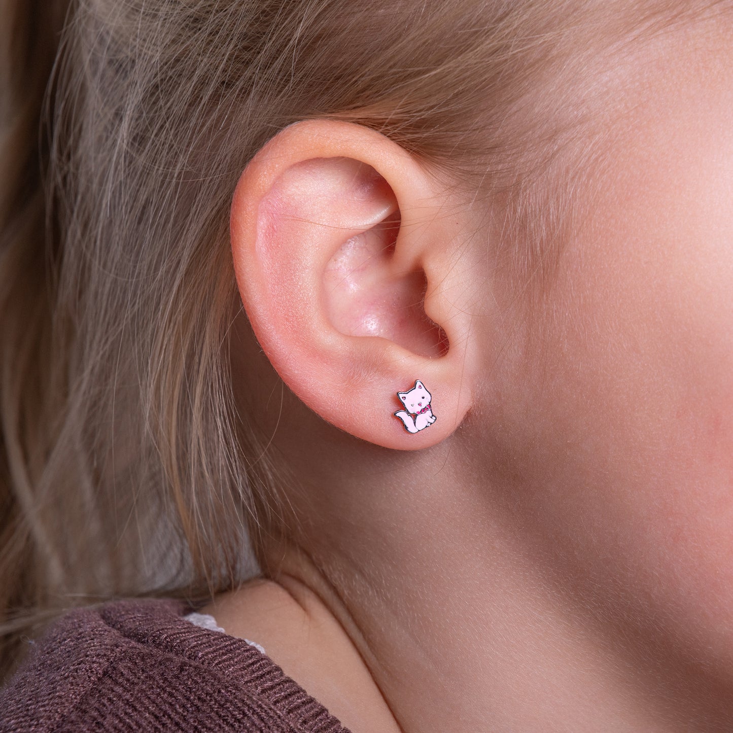 Kinder oorbellen roze poes – met platte achterkant