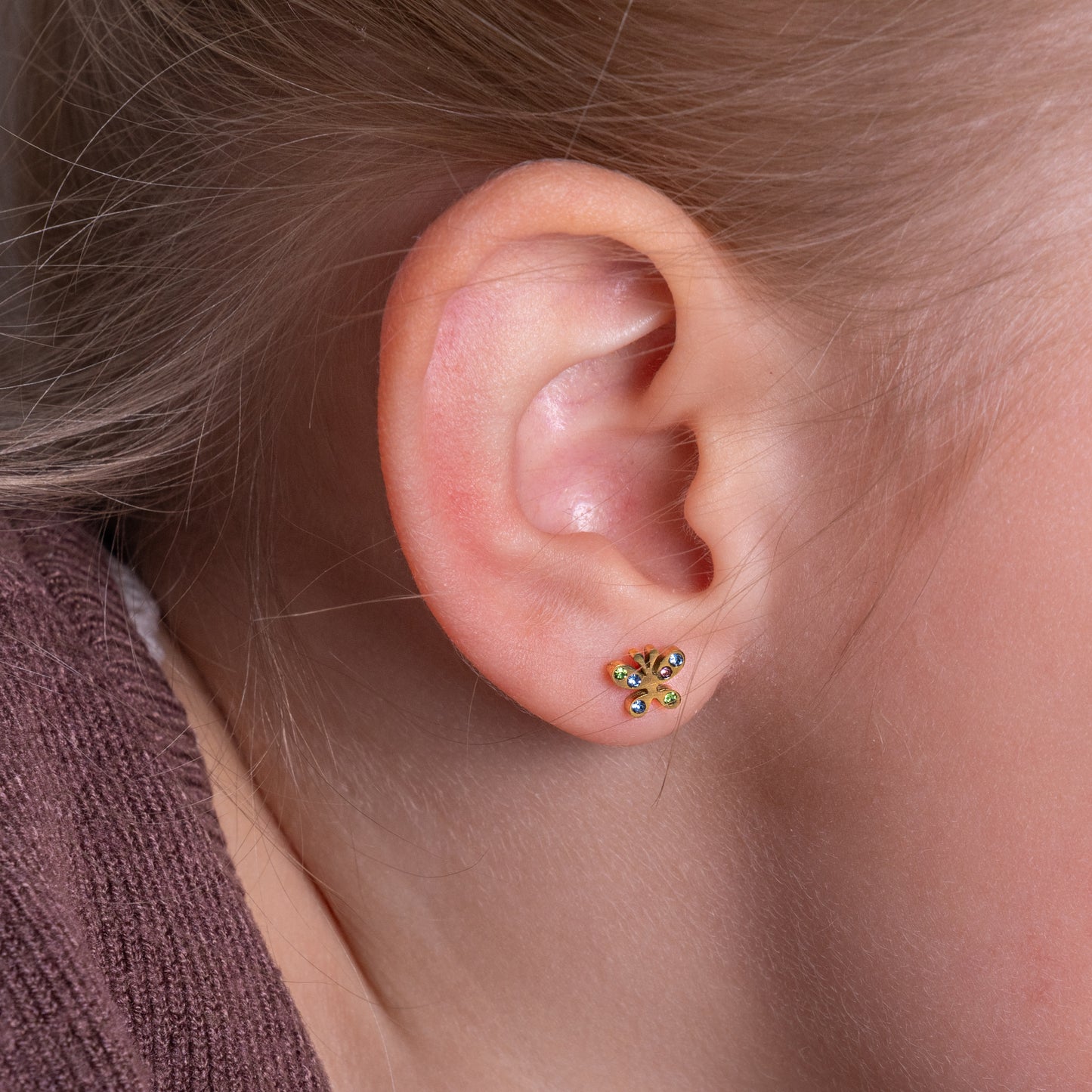 Kinder oorbellen vlinder met diamantjes – met platte achterkant