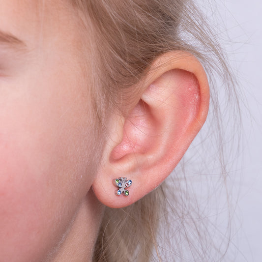 Kinder oorbellen vlinder met diamantjes – met platte achterkant