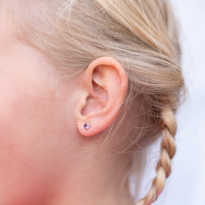 Kinder oorbellen paarse diamant – met platte achterkant
