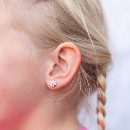 Kinder oorbellen roze bloemetjes – met platte achterkant