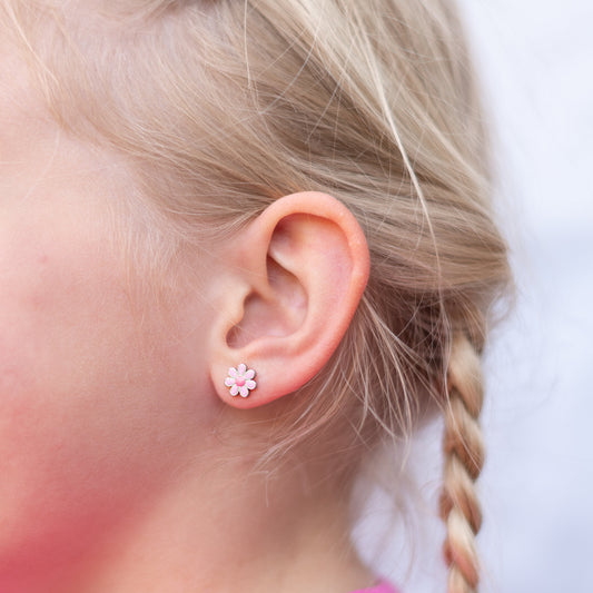 Kinder oorbellen roze bloemetjes – met platte achterkant
