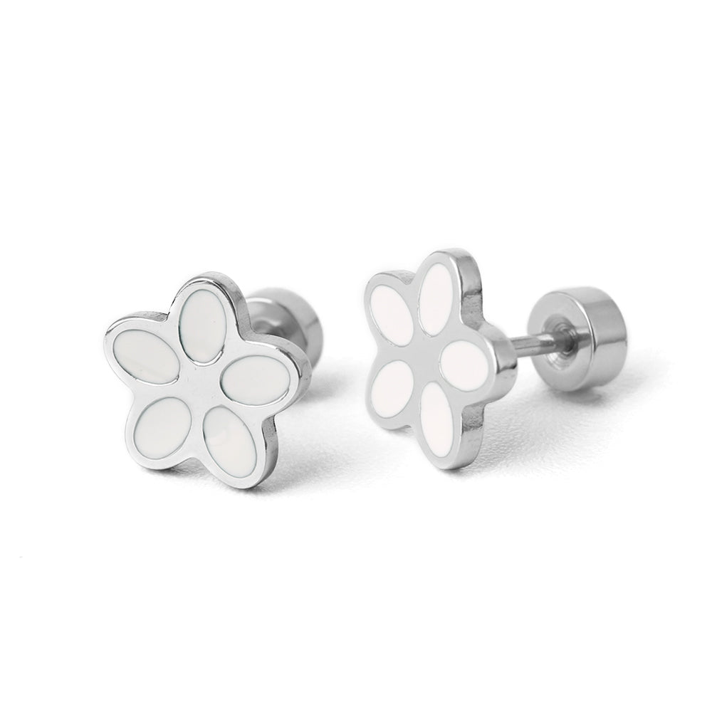 Kinder oorbellen wit bloemetje – met platte achterkant