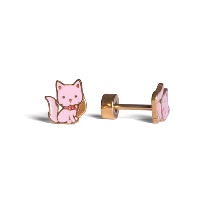 Gouden roze poes kinder oorbel met platte schroefsluiting