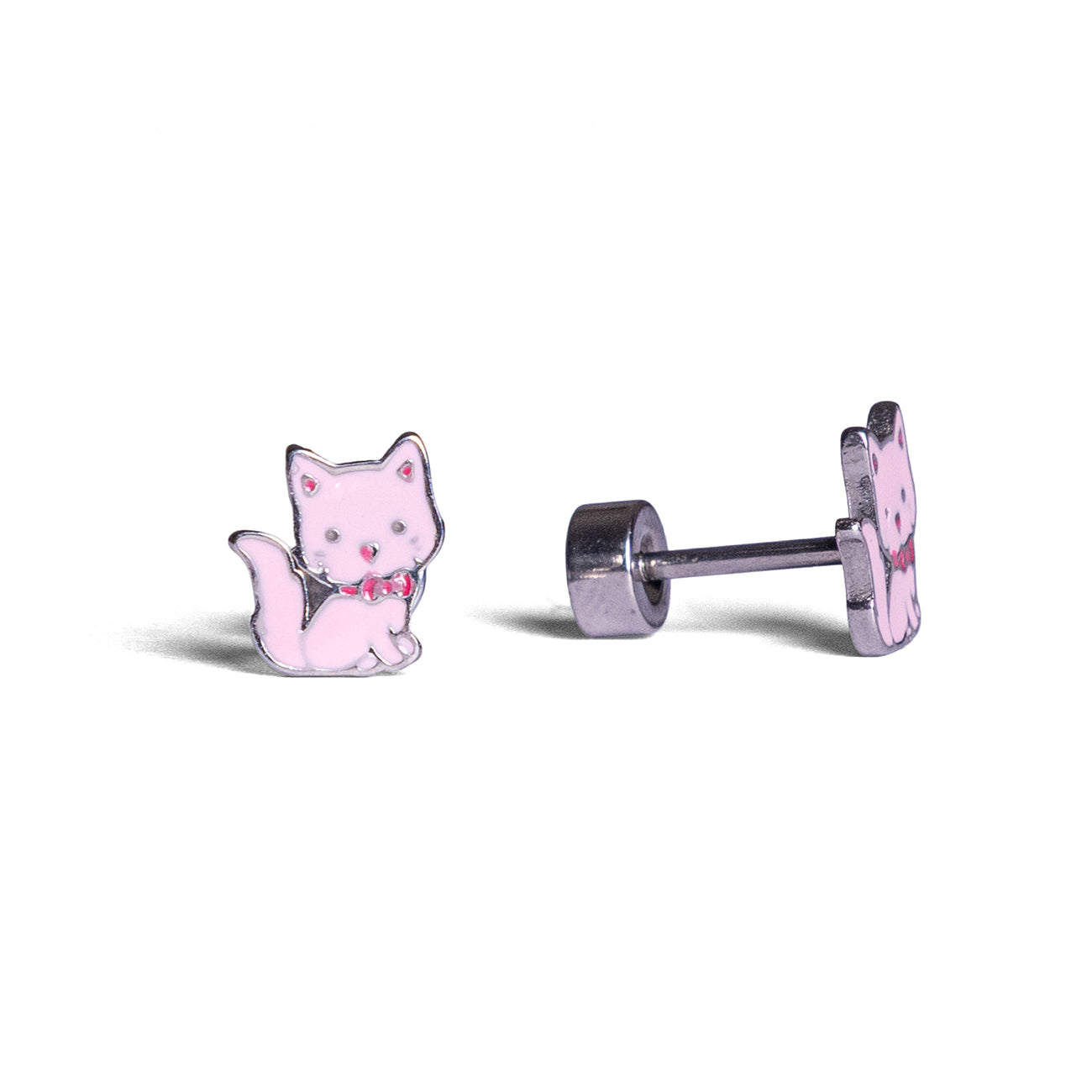 Zilveren roze poes kinder oorbel met platte schroefsluiting
