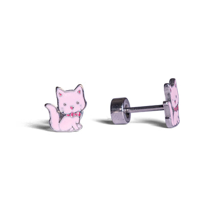 Zilveren roze poes kinder oorbel met platte schroefsluiting