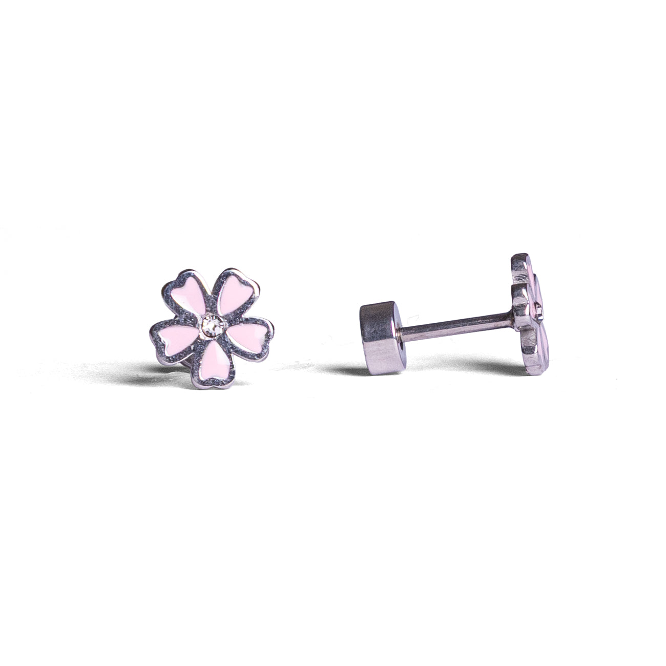 Kinder oorbellen roze bloem met diamant – met platte achterkant