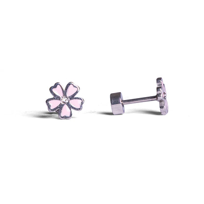 Kinder oorbellen roze bloem met diamant – met platte achterkant