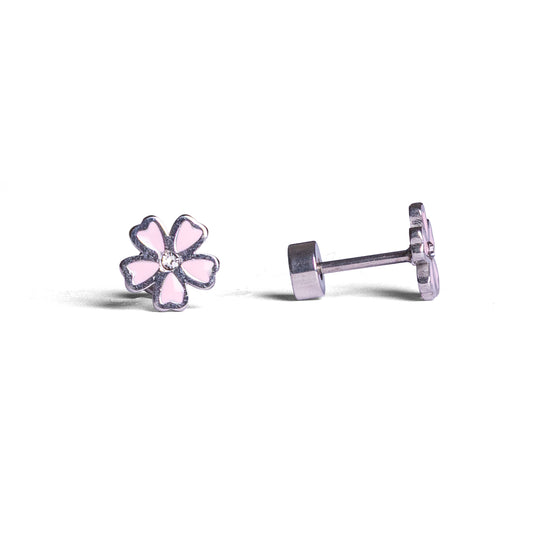 Kinder oorbellen roze bloem met diamant – met platte achterkant